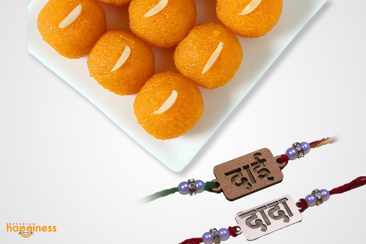 Set of 2 Rakhi With Moti Choor Laddu