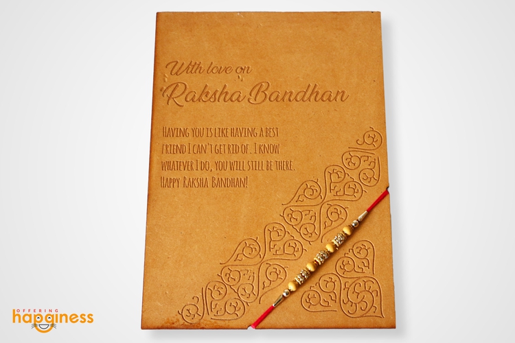 Golden Beads Rakhi with Wooden Card