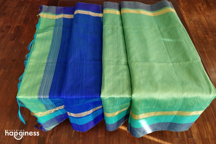 Green Saree with blue achal (Raw Silk)