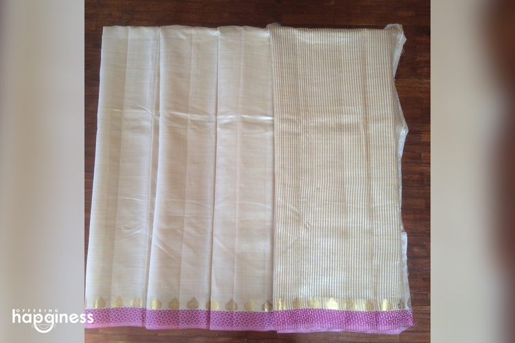 Beige Saree with pink border (Raw Silk)