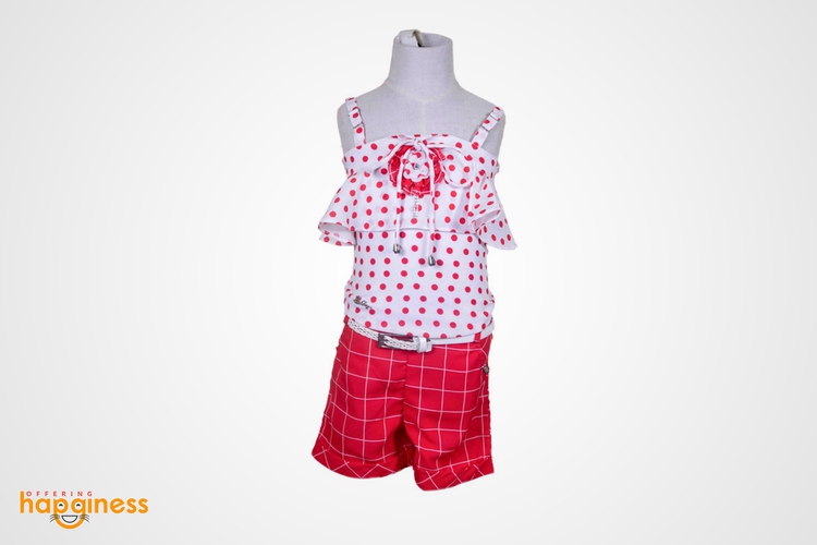 Red and White Polka Dot Tshirt and Checkered Shorts