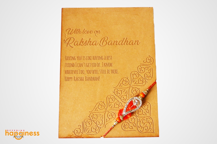 Orange Zardozi Rakhi with Wooden Card