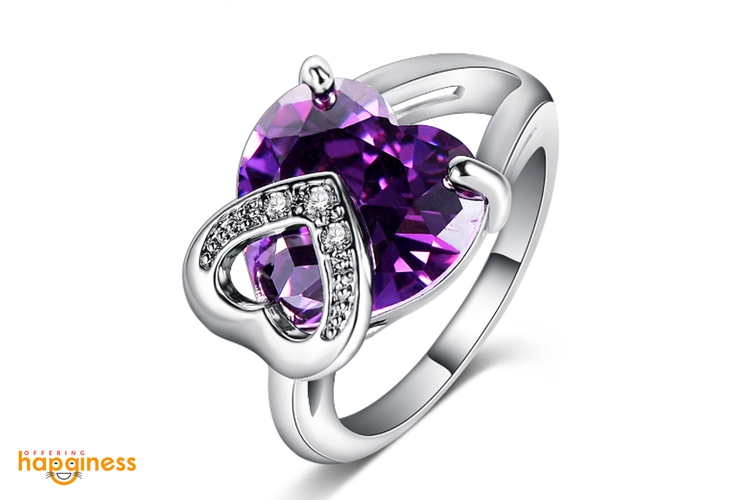 Double Heart Purple Cz Cocktail Ring