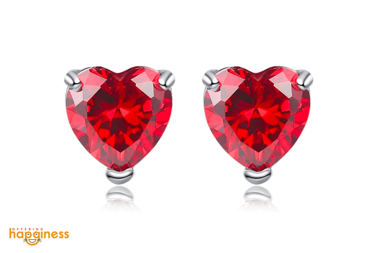 CZ Ruby Heart Stud Earrings