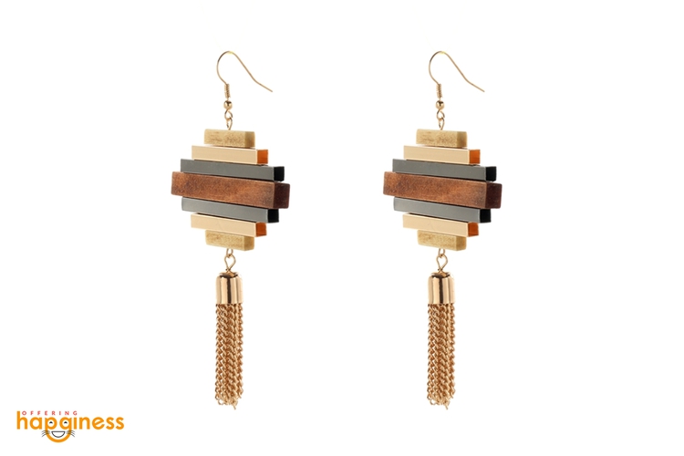 Geometric Wooden Tassle Drop Earrings