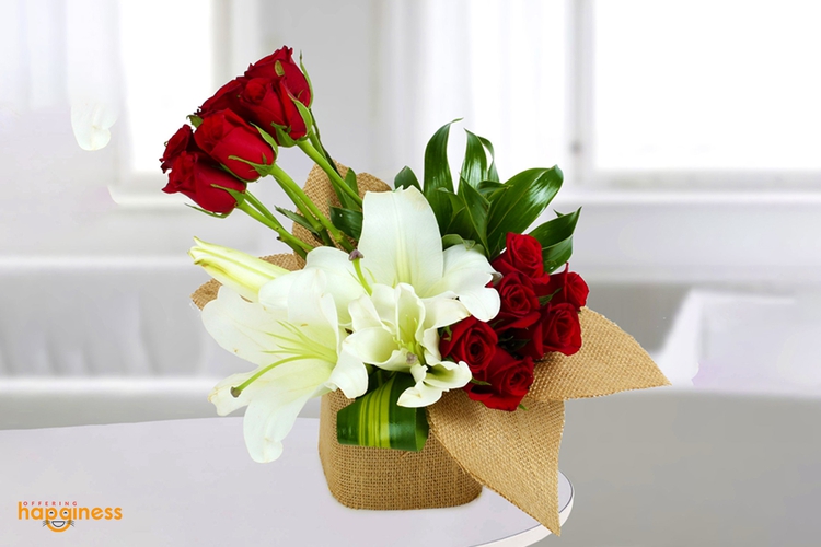 Elegant Rose And Lilly Basket